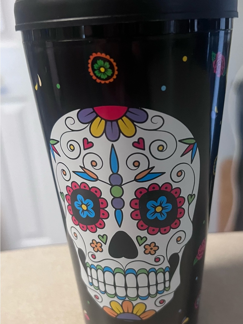 Sugar Skull Travel Tumbler - Black with Multicolor Floral Design